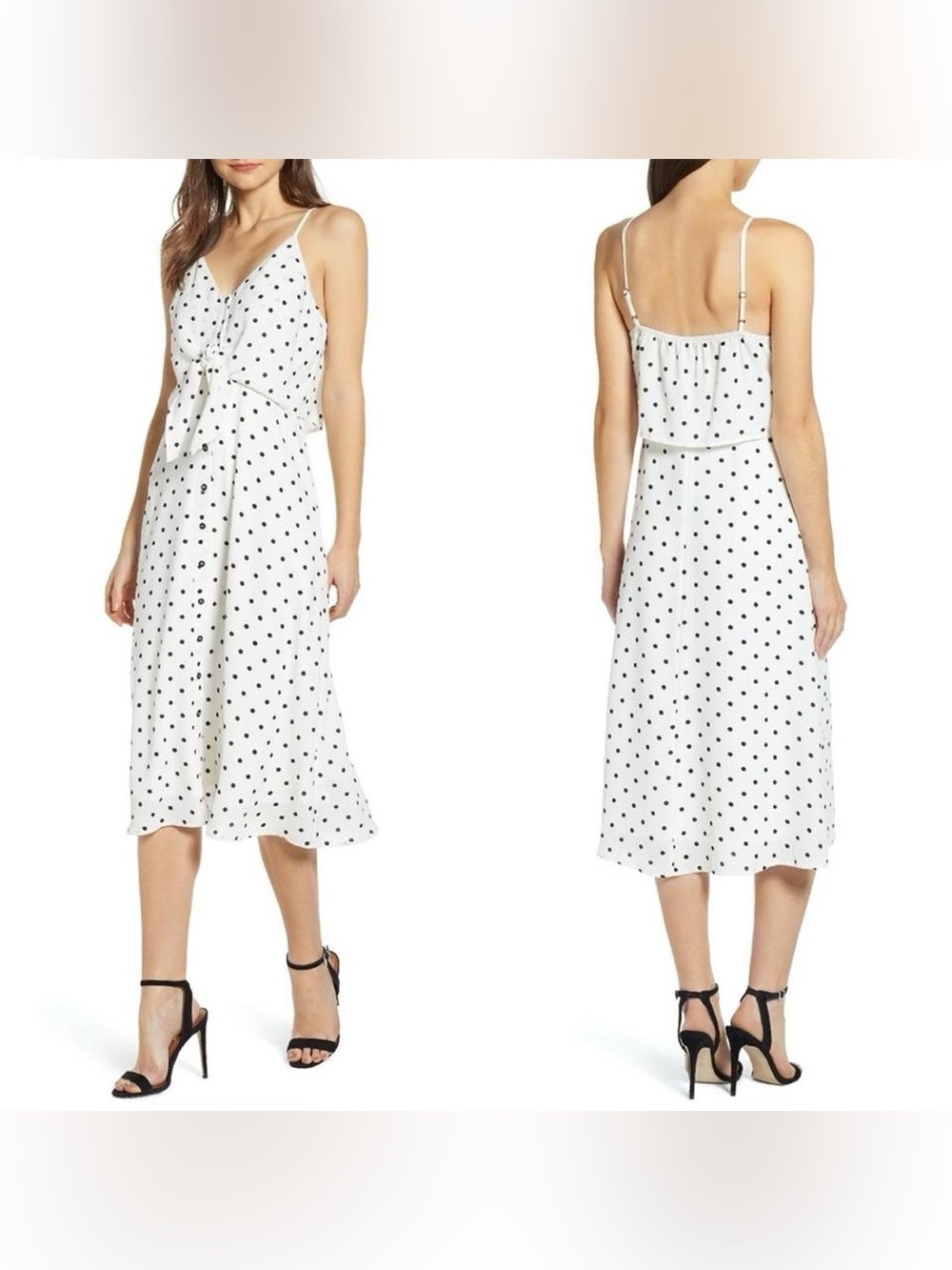 bp White Polka Dot Tie-Front Midi Dress